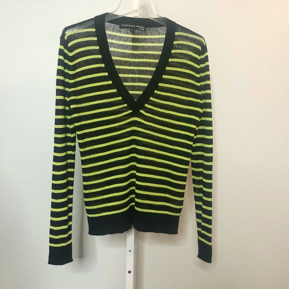 Veronica Beard Black and Yellow Striped V-Neck Sweater